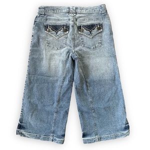 90s Y2K SO Spider Web Embroidered Acid Wash Distressed Wide Leg Flare Capris